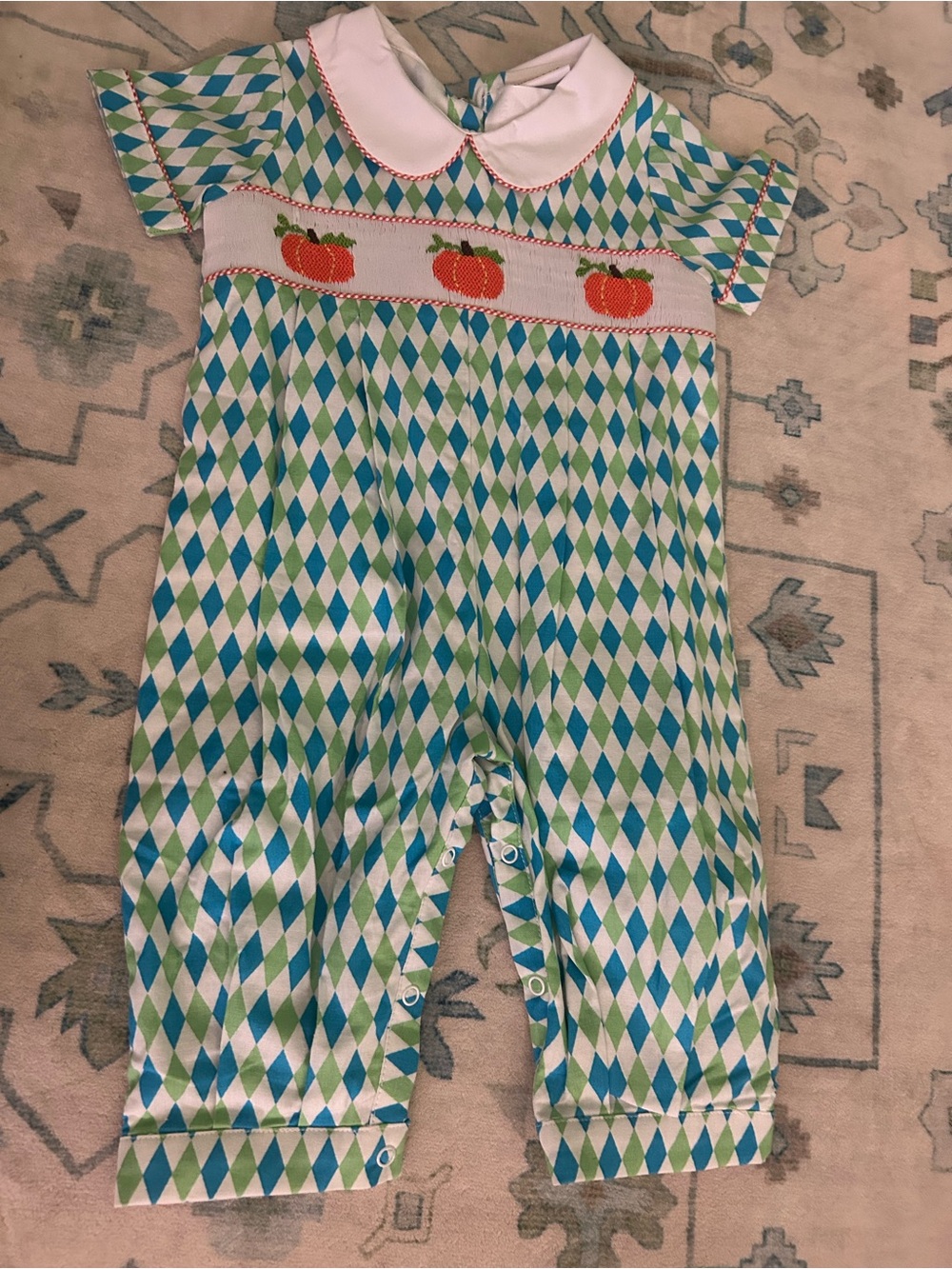 Green & Blue Diamond Smock Pumpkin Baby Romper - Charming Fall Style